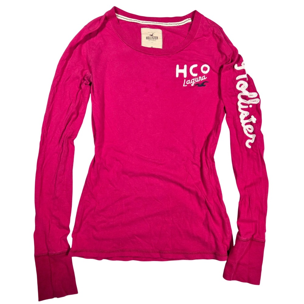 Hollister Womens Long Sleeve Graphic Tee Pink HCO Laguna Logo Size M Y2k 2000s